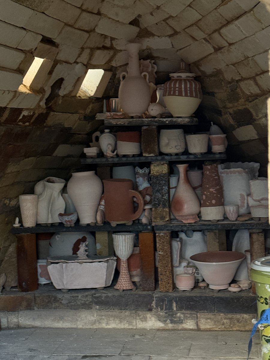 Pots stacked inside the wood kiln